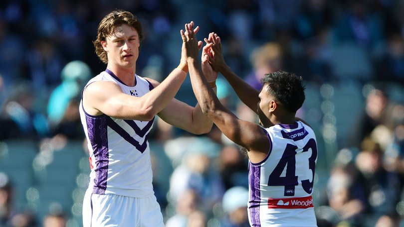 Jye Amiss celebrates a goal.
