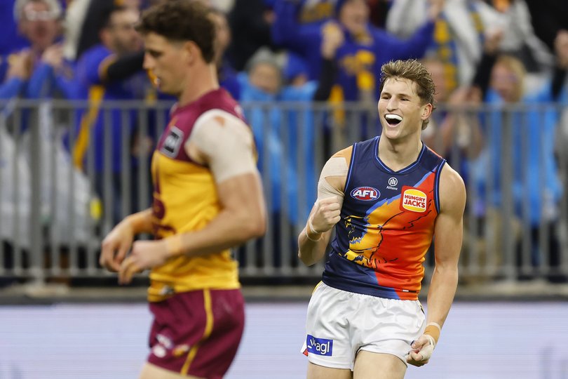 PERTH, AUSTRALIA - JULY 18: Jobe Shanahan of the Eagles celebrates his 2nd goal of the night during the round 19 AFL match between West Coast Eagles and Brisbane Lions at Optus Stadium, on July 18, 2026, in Perth, Australia. (Photo by James Worsfold/Getty Images via AFL Photos)