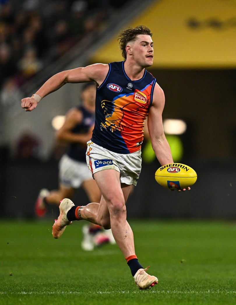 PERTH, AUSTRALIA - JULY 18: Harley Reid of the Eagles runs with the ball during the 2026 AFL Round 19 match between the West Coast Eagles and the Brisbane Lions at Optus Stadium on July 18, 2026 in Perth, Australia. (Photo by Daniel Carson/AFL Photos)