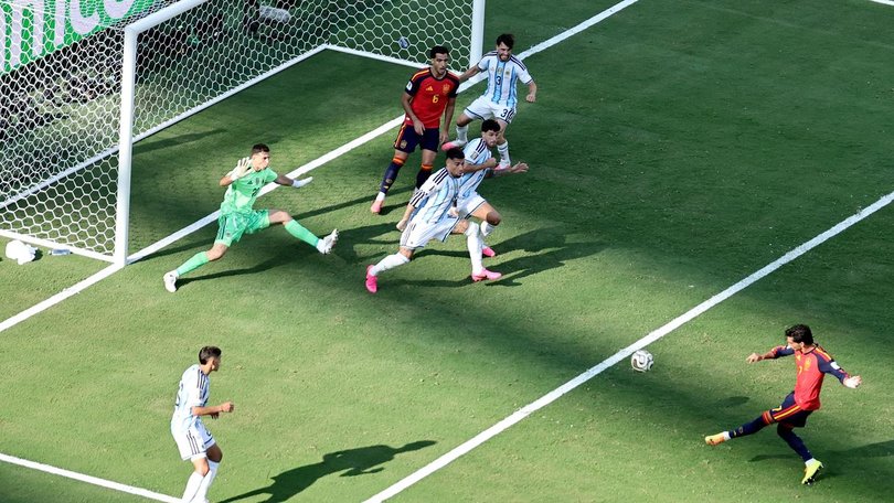 Ferran Torres scores the World Cup-winning goal for Spain in extra time in the final.