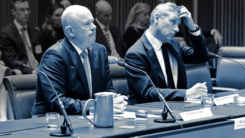 Former KPMG Australia CEO Andrew Yates and former audit and assurance national managing partner Julian McPherson appear before the parliamentary committee.