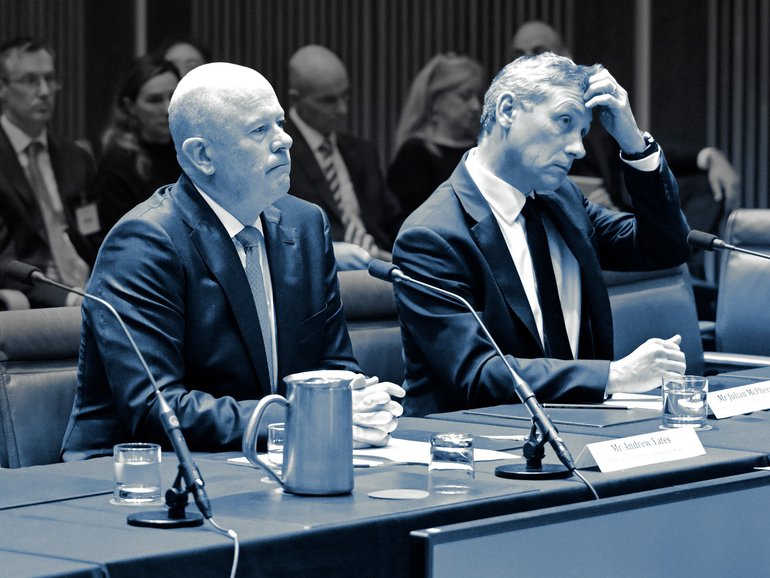 Former KPMG Australia CEO Andrew Yates and former audit and assurance national managing partner Julian McPherson appear before the parliamentary committee.