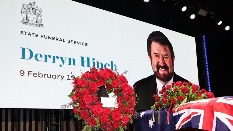 A state funeral is being held for Derryn Hinch at the Timber Yard in Port Melbourne.