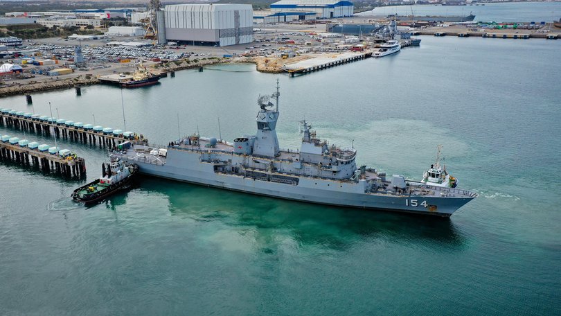 HMAS Parramatta arrives at Henderson Shipyard in Western Australia to begin her Anzac Midlife Capability Assurance Program upgrades.