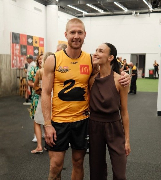 Richmond Tigers premiership hero Nathan Broad (pictured after playing for Western Australia) and wife, former Lova Island star Tayla Broad.