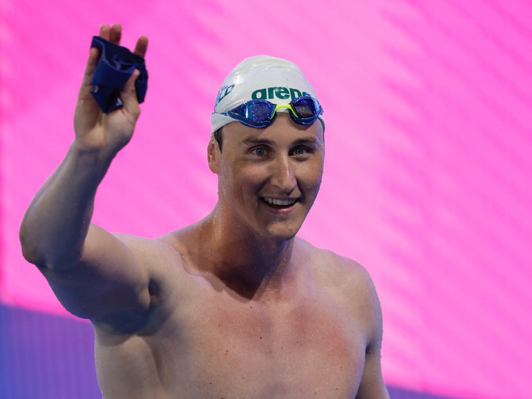 Cameron McEvoy of Australia celebrates after winning the gold medal in the Men's 50m Freestyle Final during day two of the China Open Swimming Championship in 2026.
