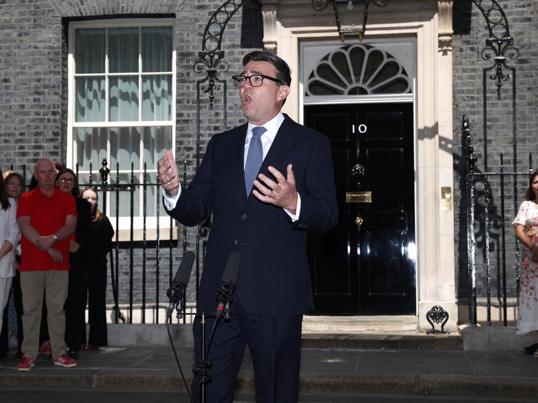 Andy Burnham delivers his inaugural speech as UK's new Prime Minister on on July 20, 2026 in London, England. 