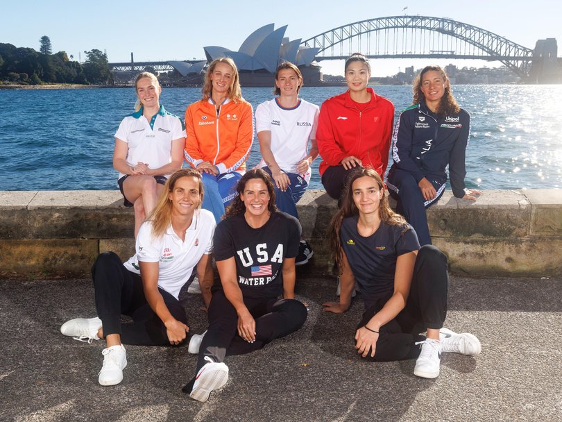 Australia’s Alice Williams, Hungary’s Rita Keszthelyi, Netherland’s Maartje Keuning, USA’s Rachel Fattal, Russia’s Ekaterina Prokofyeva, China’s Yineng Shen, Spain’s Martina Terre and Italy’s Roberta Bianconi pose ahead of the 2026 World Aquatics Water Polo World Cup to be played in Sydney.