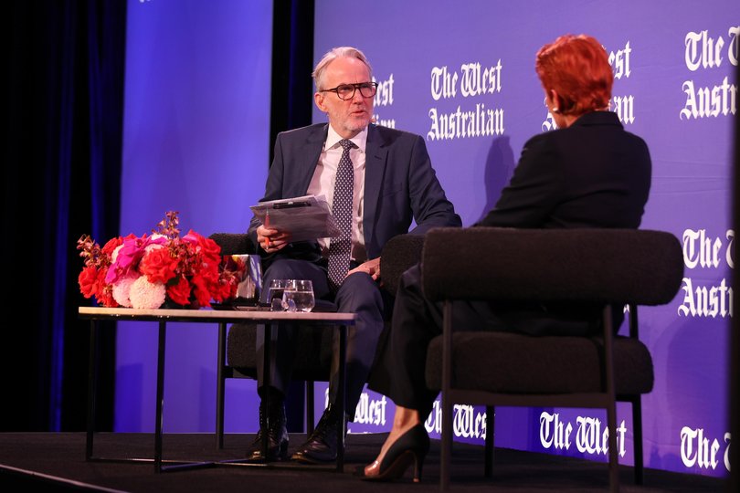 Leadership Matters breakfast at Crown Perth with Pauline Hanson. The West Editor in Chief Christopher Dore speaks with One Nation leader Pauline Hanson. Picture: Stuart Quinn