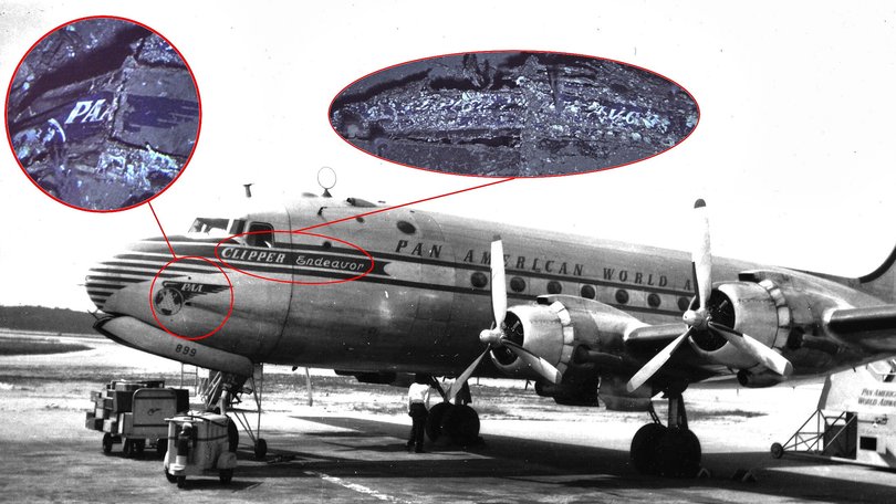 Images show parts of the wreckage against an image of the plane before it crashed in 1952.