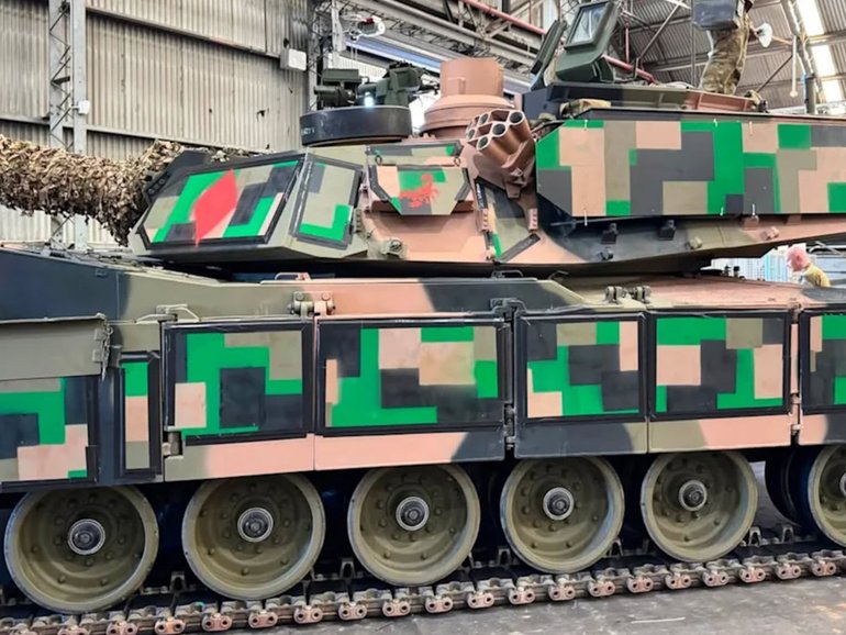 The repainted Abrams tank.
