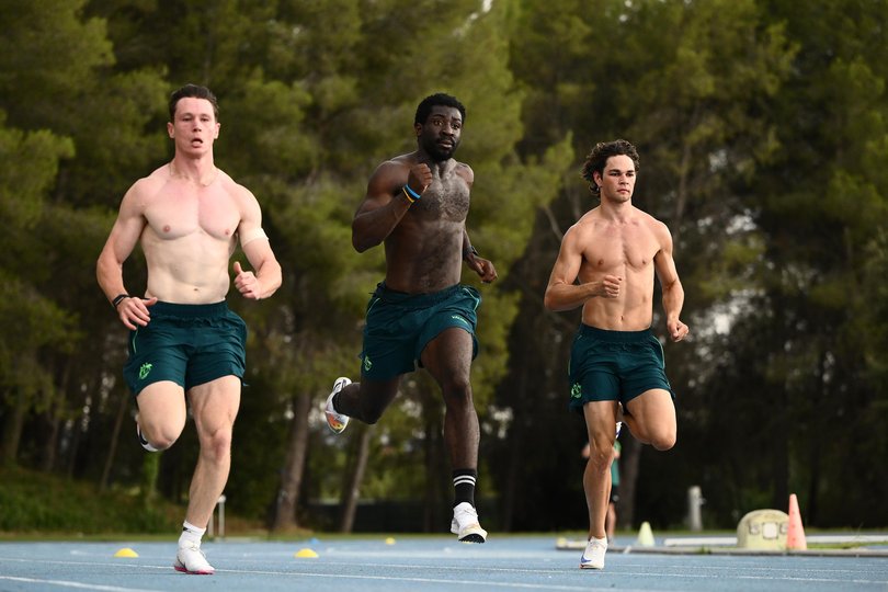 Lachlan Kennedy, Eddie Osei-Nketia and Calab Law of Australia train at an athletics training camp in Barcelona ahead of the Glasgow Commonwealth Games.