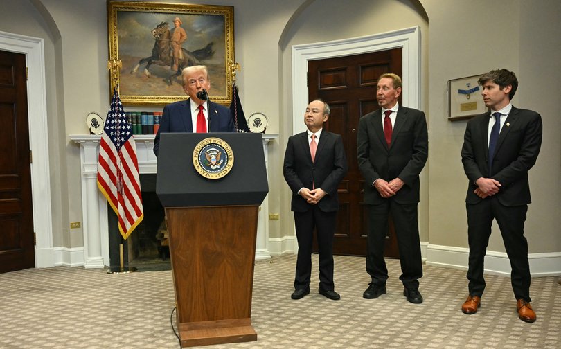 US President Trump flanked by Masayoshi Son, Chairman and CEO of SoftBank Group Corp, Larry Ellison, Executive Charmain of Oracle and Sam Altman, CEO of Open AI at the White House in January.