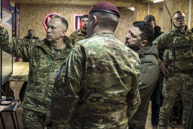 President Volodymyr Zelensky, right, confers with General Oleksandr Syrskyi, left, during a visit to a command post near Slovyansk on March 6, 2026. 