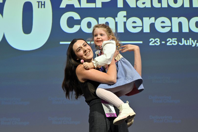 Former strategist for WA Labor Tim Picton’s wife, Priya Brown and daughter Charlotte during the 50th Australian Labor Party (ALP) national convention at the Adelaide Convention Centre, in Adelaide, Thursday, July 23, 2026. (AAP Image/Mick Tsikas) NO ARCHIVING, MICK TSIKAS