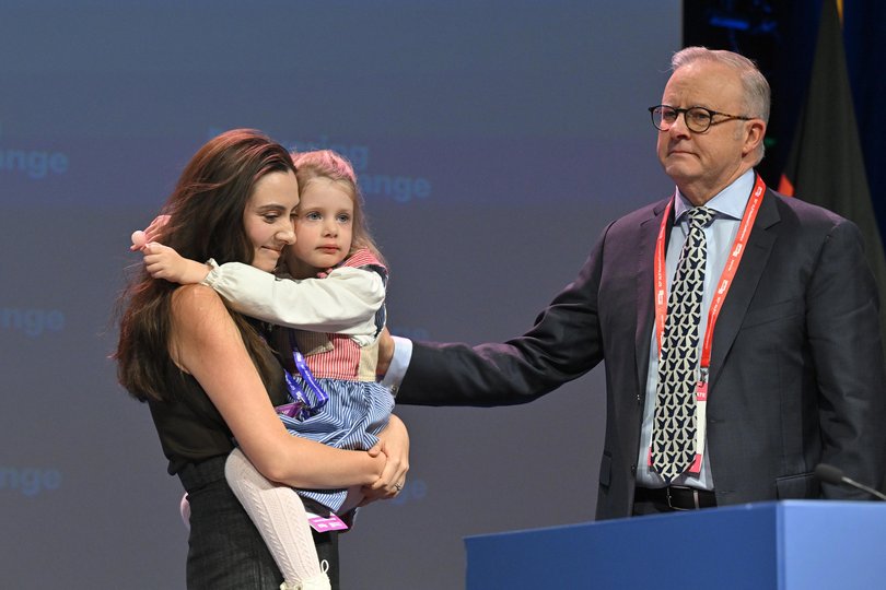Former strategist for WA Labor Tim Picton’s wife, Priya Brown, daughter Charlotte and Prime Minister Anthony Albanese during the 50th Australian Labor Party (ALP) national convention at the Adelaide Convention Centre, in Adelaide, Thursday, July 23, 2026. (AAP Image/Mick Tsikas) NO ARCHIVING, MICK TSIKAS