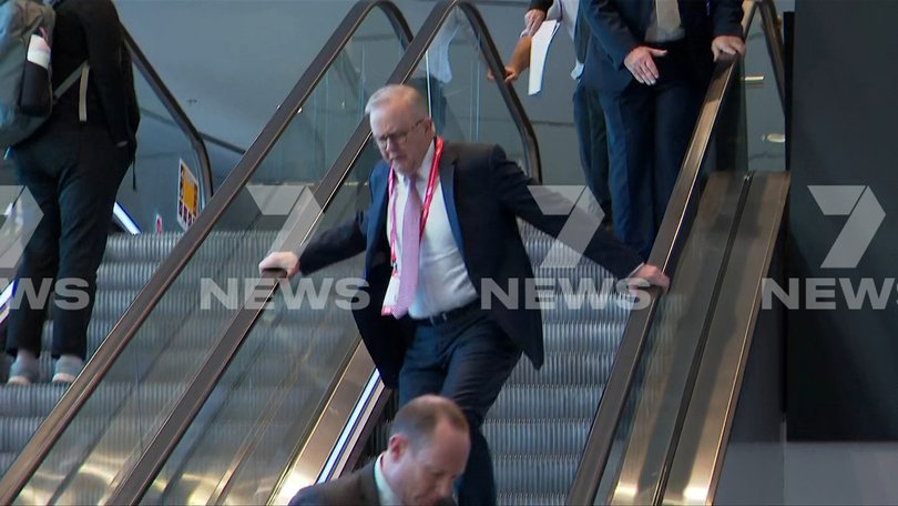Prime Minister Anthony Albanese stumbles on the escalator at the 50th Australian Labor Party (ALP) national convention at the Adelaide Convention Centre, in Adelaide