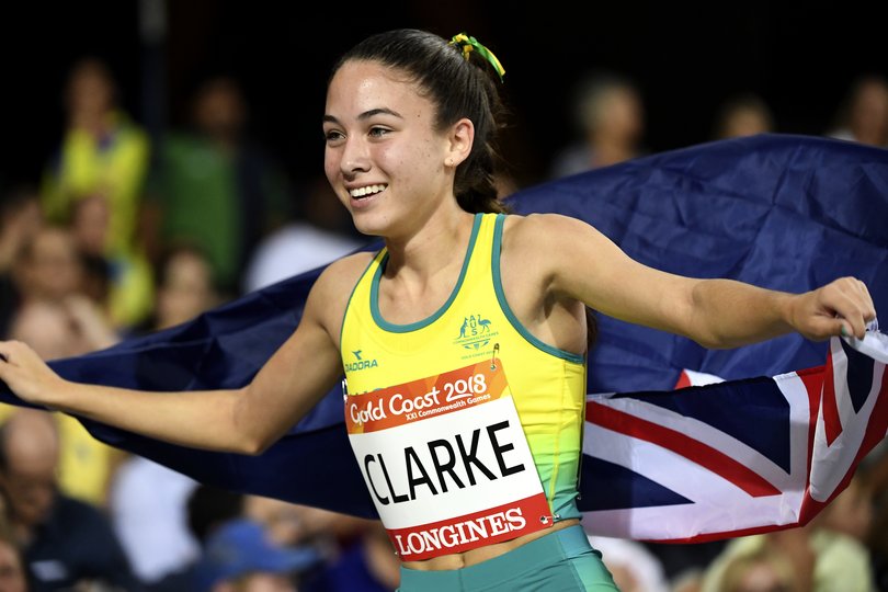 Rhiannon Clarke of Australia celebrates after winning the silver medal in 2018.