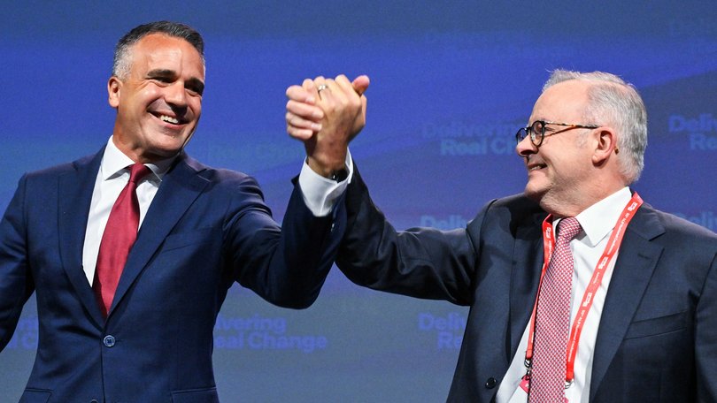 South Australian Premier Peter Malinauskas and Prime Minister Anthony Albanese during the 50th National Labor Conference at the Adelaide Convention Centre. 