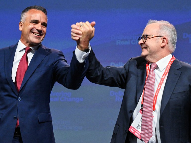 South Australian Premier Peter Malinauskas and Prime Minister Anthony Albanese during the 50th National Labor Conference at the Adelaide Convention Centre. 