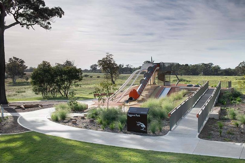 A slide at a brand new park in southwest Sydney has been shut after a man was hospitalised for a leg injury using the play equipment.