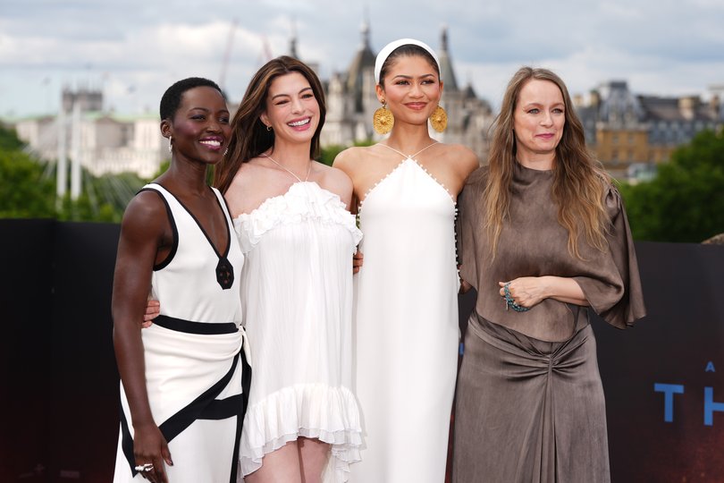 Lupita Nyong'o, from left, Anne Hathaway, Zendaya and Samantha Morton at a photocall for The Odyssey in London. (Photo by Scott A Garfitt/Invision/AP)