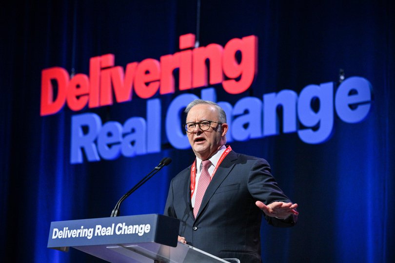 Prime Minister Anthony Albanese addresses the 50th National Labor Conference at the Adelaide Convention Centre.