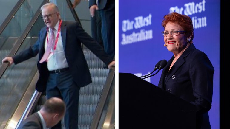 Anthony Albanese suffered a mishap on an Adelaide escalator ahead of his Labor Party conference speech which seemed to focus on the threat of One Nation leader Pauline Hanson.
