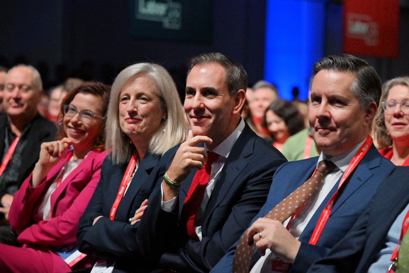 Amanda Rishworth, Katie Gallagher, Jim Chalmers and Mark Butler at the 50th National Labor Conference at the Adelaide Convention Centre.