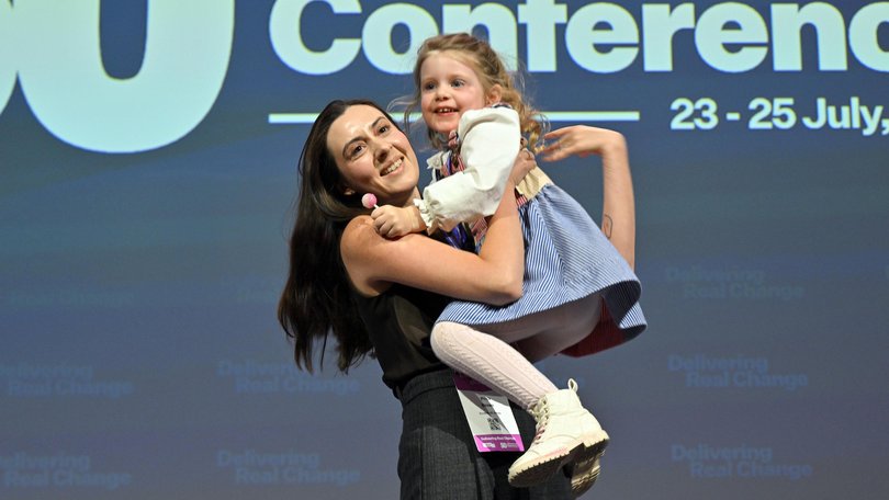 Former strategist for WA Labor Tim Picton’s wife, Priya Brown and daughter Charlotte during the 50th Australian Labor Party (ALP) national convention at the Adelaide Convention Centre, in Adelaide, Thursday, July 23, 2026. (AAP Image/Mick Tsikas) NO ARCHIVING, MICK TSIKAS