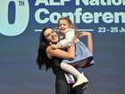 Former strategist for WA Labor Tim Picton’s wife, Priya Brown and daughter Charlotte during the 50th Australian Labor Party (ALP) national convention at the Adelaide Convention Centre, in Adelaide, Thursday, July 23, 2026. (AAP Image/Mick Tsikas) NO ARCHIVING, MICK TSIKAS
