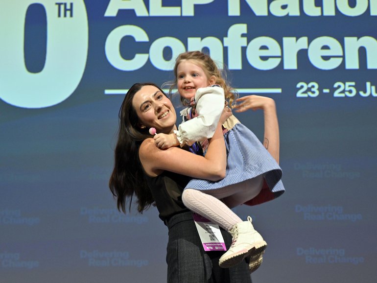 Former strategist for WA Labor Tim Picton’s wife, Priya Brown and daughter Charlotte during the 50th Australian Labor Party (ALP) national convention at the Adelaide Convention Centre, in Adelaide, Thursday, July 23, 2026. (AAP Image/Mick Tsikas) NO ARCHIVING, MICK TSIKAS
