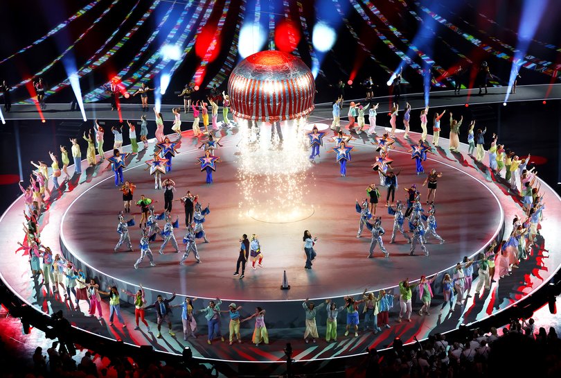 Giant teacake is raised during the opening ceremony ahead of the Glasgow 2026 Commonwealth Games.