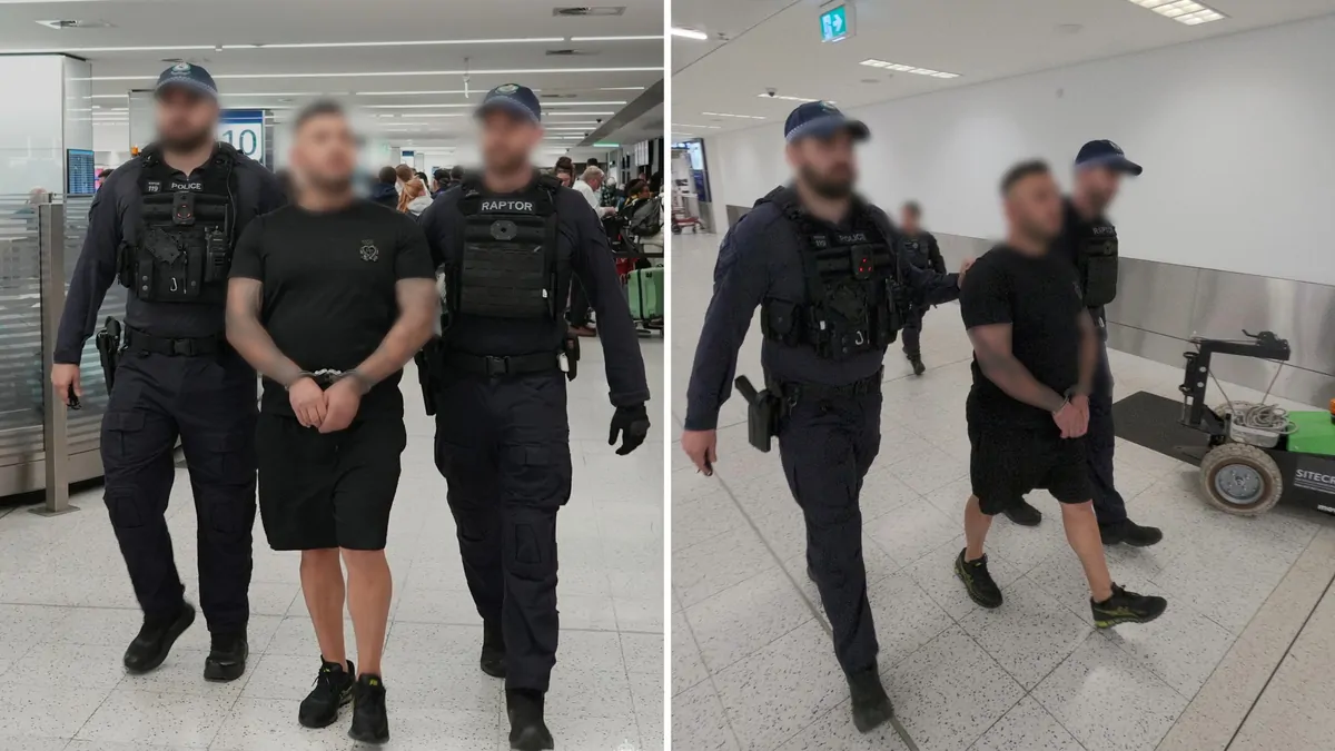 Alleged Comanchero associate Daniel Toutounji arrested at Sydney International Airport on outstanding charges