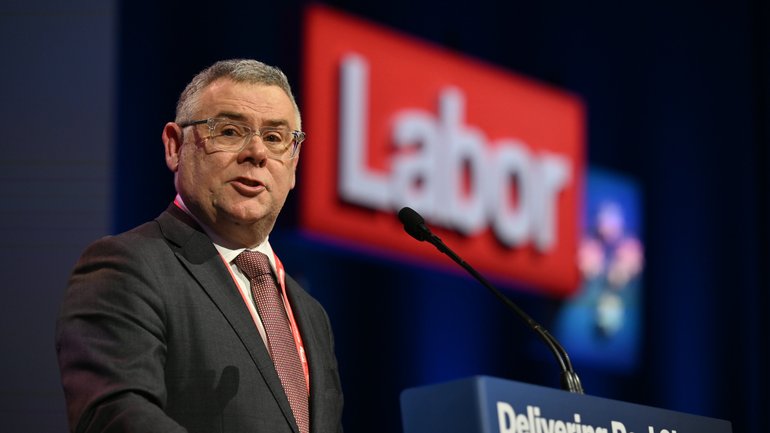 Environment Minister Murray Watt addresses the 50th National Labor Conference at the Adelaide Convention Centre on Thursday.