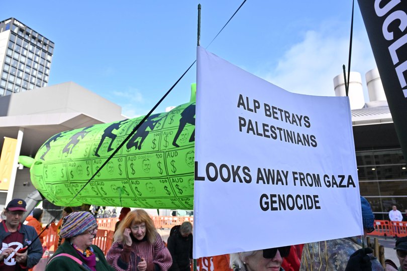 Pro-Palestinian protestors outside day 2 of the 50th National Labor Conference at the Adelaide Convention Centre.