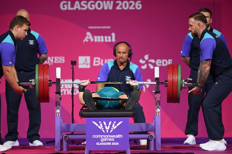 GLASGOW, SCOTLAND - JULY 24: Daniel Bos of Team Australia competes during the Men's Para Powerlifting Lightweight Group B on day one of the Glasgow 2026 Commonwealth Games at SEC Armadillo on July 24, 2026 in Glasgow, Scotland. (Photo by Mattia Ozbot/Getty Images)