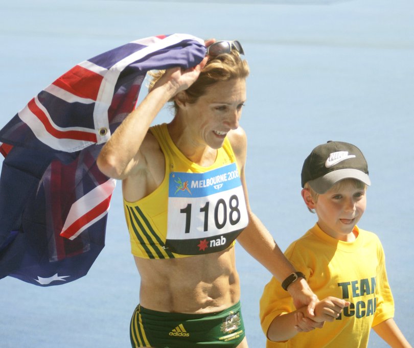 Commonwealth Games Melbourne 2006 Womens Marathon Australia’s Kerryn McCann and son Benton.