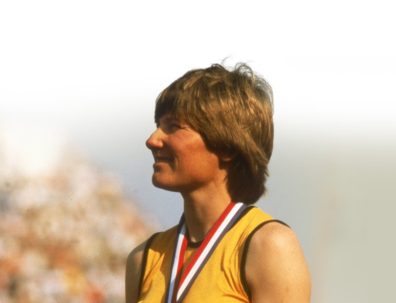 Raelene Boyle celebrates a Commonwealth Games gold medal at Brisbane in 1982.