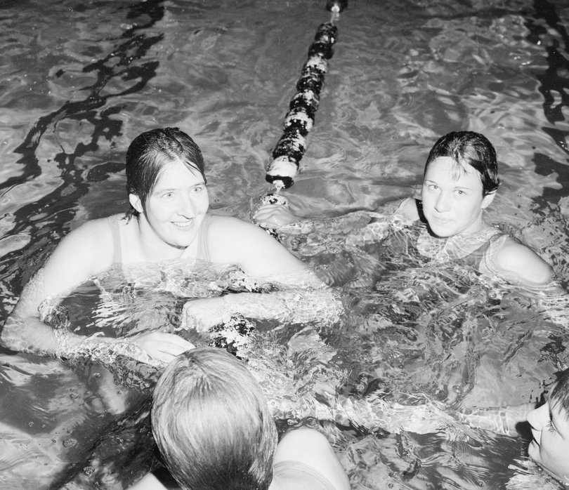 Dawn Fraser (left) after a win over Belinda Woosley (right) at Beatty Park.