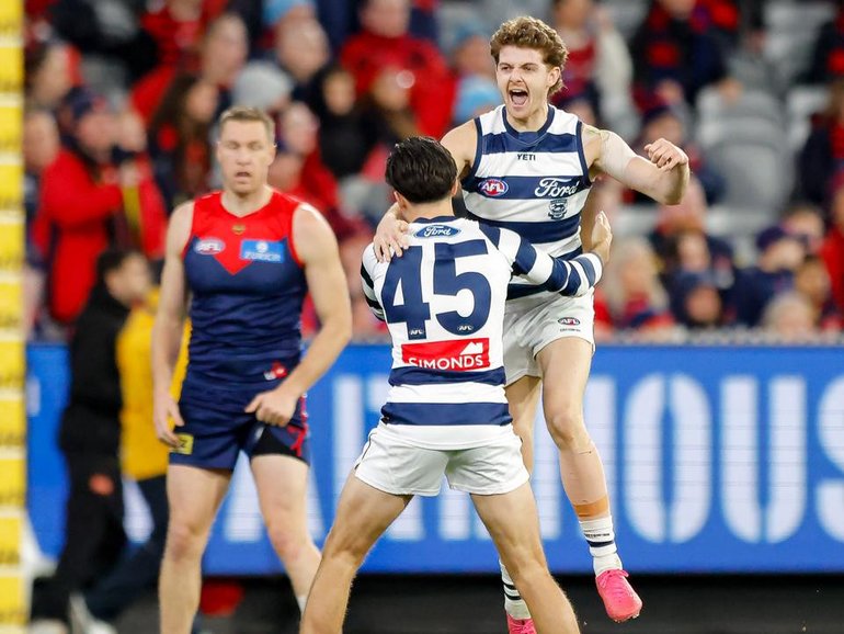 The Cats have closed in on the AFL top six by ending Melbourne's three-game winning streak. 