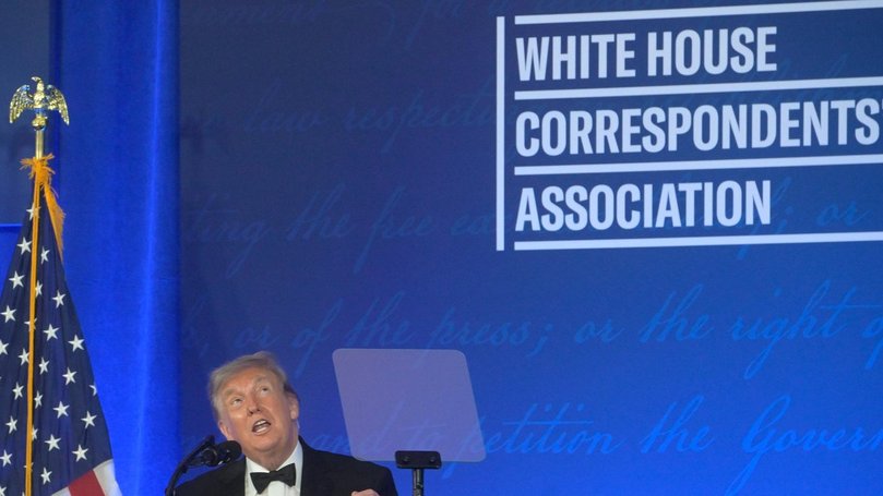Donald Trump has joked with the press, and slammed them, at the White House Correspondents' dinner..