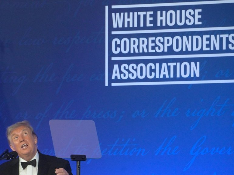 Donald Trump has joked with the press, and slammed them, at the White House Correspondents' dinner..