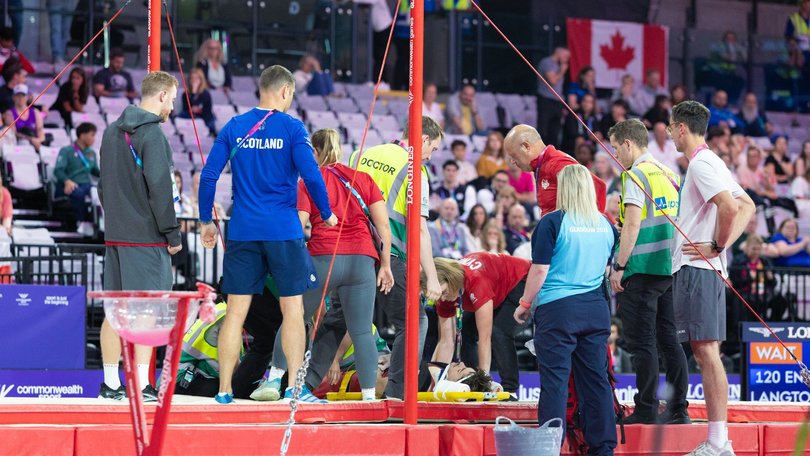 He was stretchered away from the arena after his sickening fall.