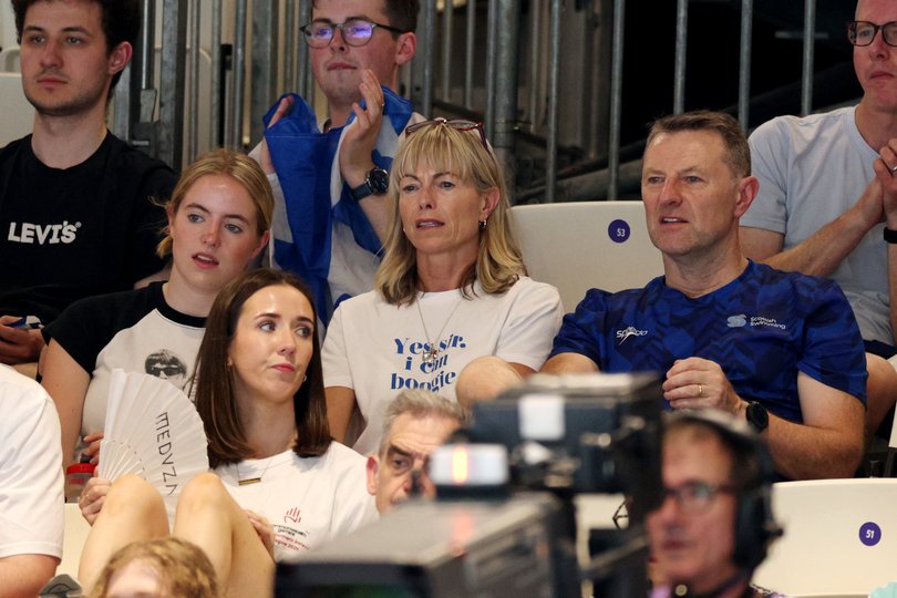 GLASGOW, SCOTLAND - JULY 25: Kate and Gerry McCann, parents of Sean McCann, watch him compete during the Men's 400m Freestyle - Heats on day two of the Glasgow 2026 Commonwealth Games at Tollcross International Swimming Centre on July 25, 2026 in Glasgow, Scotland. (Photo by Adam Pretty/Getty Images)