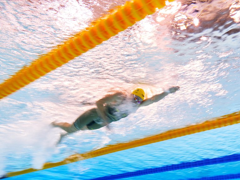 Lani Pallister of Team Australia competes during the Women's 4 x 200m Freestyle Final.