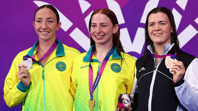 Australia’s gold medallist Mollie O'Callaghan with silver medallist Lani Pallister and bronze medallist Erika Fairweather.