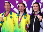 Australia’s gold medallist Mollie O'Callaghan with silver medallist Lani Pallister and bronze medallist Erika Fairweather.