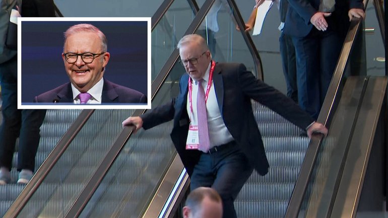 Anthony Albanese has attempted to laugh off his escalator mishap at Labor’s 50th National Conference as he tied up loose ends on the tightly controlled gathering of party faithful in Adelaide.