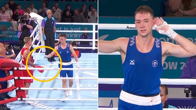Alan Perrie snubs Paul Trainor after the controversial stoppage.